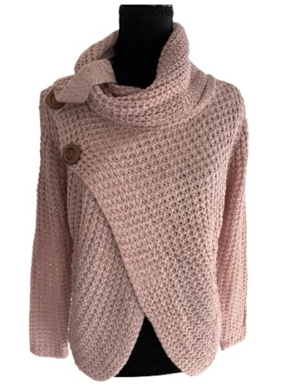Miracle Pink Waffle-Knit Button Cowl Neck Asymmetrical Sweater Small Medium